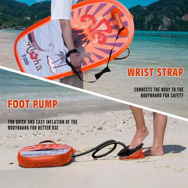 Alt view image 5 of 7 - Inflatable Bodyboard - Beach Kids Surf Board - Ultra Lightweight PVC Core Body Board for Beach and Pool,with Wrap Wrist Straps, Foldable, Perfect Surf for Teens and Adults