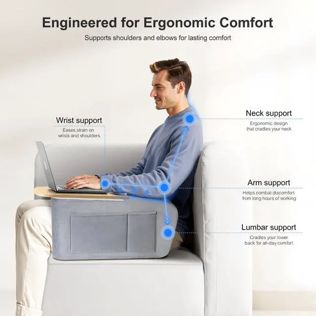 Alt view image 3 of 7 - Lap Desk with Arm Rests, Ergonomic Laptop Stand for College Dorm | Curved Desktop and Dual Armrests, 40kg Capacity, Dual Pockets, Reading Writing Gaming Eating, Bed Couch Floor Dorm Room