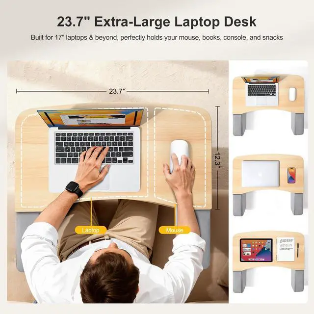 Alt view image 4 of 7 - Lap Desk with Arm Rests, Ergonomic Laptop Stand for College Dorm | Curved Desktop and Dual Armrests, 40kg Capacity, Dual Pockets, Reading Writing Gaming Eating, Bed Couch Floor Dorm Room