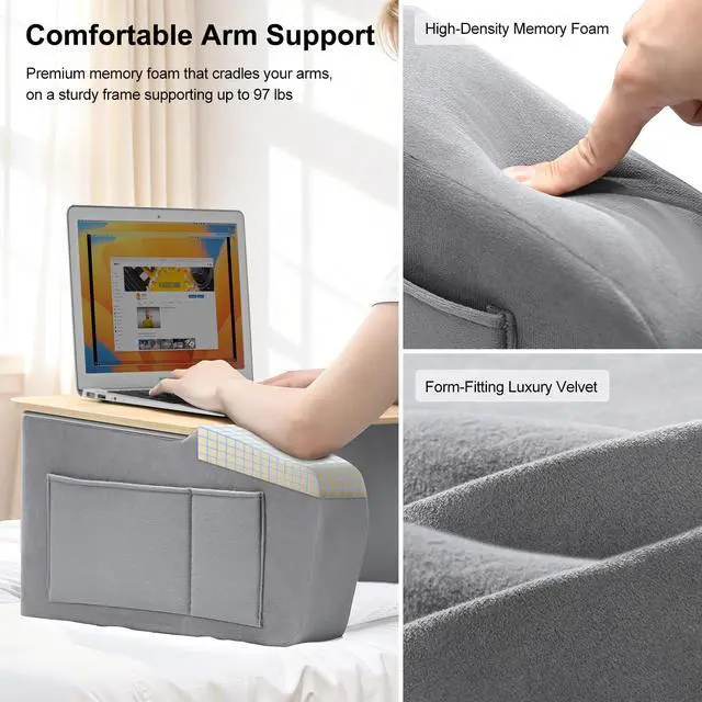 Alt view image 5 of 7 - Lap Desk with Arm Rests, Ergonomic Laptop Stand for College Dorm | Curved Desktop and Dual Armrests, 40kg Capacity, Dual Pockets, Reading Writing Gaming Eating, Bed Couch Floor Dorm Room