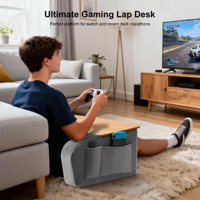 Alt view image 6 of 7 - Lap Desk with Arm Rests, Ergonomic Laptop Stand for College Dorm | Curved Desktop and Dual Armrests, 40kg Capacity, Dual Pockets, Reading Writing Gaming Eating, Bed Couch Floor Dorm Room