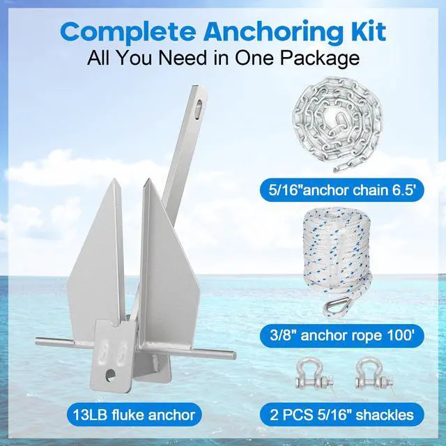 Alt view image 3 of 7 - Galvanized Fluke Anchor Kit Includes Anchor Chain, Rope and Shackles, for Pontoons, Dinghies, Fishing Boats, Bass Boats, Sport Boats, Sport Yachts, 5/8/10/13 lb Boat Anchor Kit