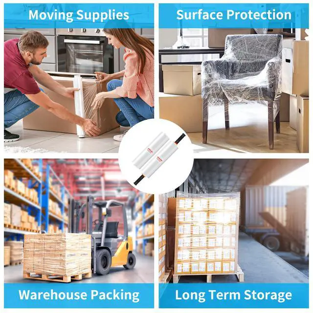 Alt view image 7 of 7 - Stretch Film, 15" x 820' Shrink Wrap for Pallet Wrap, 80 Gauge | Industrial Strength Stretch Wrap up to 800% Stretch with Handles, Moving Wrapping Plastic Roll, 4 Pack