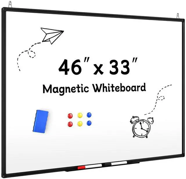 Main image of Magnetic Dry Erase Whiteboard - 46 x 33 Inch White Board - 4 x 3 Large Wall-Mounted Board with Black Aluminum Frame, 1 Magnetic Eraser, 2 Pen, Detachable Marker Tray, 6 Magnets