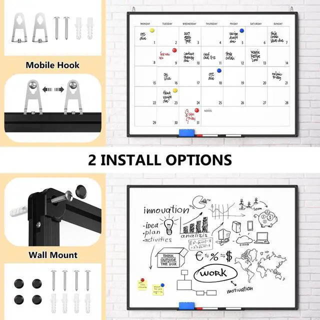Alt view image 5 of 7 - Magnetic Dry Erase Whiteboard - 46 x 33 Inch White Board - 4 x 3 Large Wall-Mounted Board with Black Aluminum Frame, 1 Magnetic Eraser, 2 Pen, Detachable Marker Tray, 6 Magnets