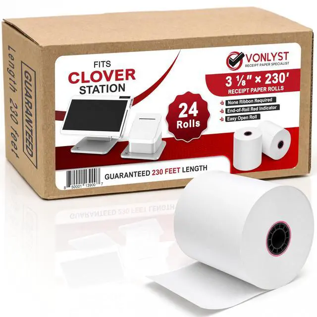 Main image of Clover Station Receipt Paper Rolls 3 1/8" x 230' (24 Pack) Thermal Paper for Clover Station & Duo C505, Compatible P100 P500 P550 BPA Free POS Printer Paper