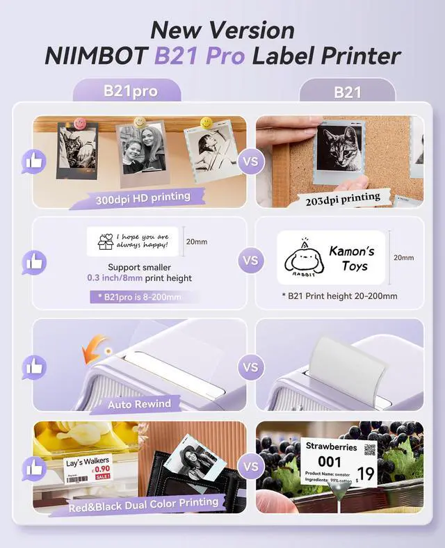 Alt view image 2 of 7 - B21 Pro Label Maker, 300DPI Support Red-Black Printing, Purple | Thermal Label Printer for Home Organization, Craft, Photo Print, Study Graphics, Scrapbook, Come with 1 Roll 50*30mm Tapes