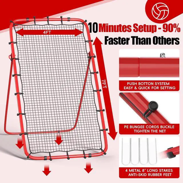Alt view image 3 of 7 - Volleyball Rebounder Net 7x4 Ft, 5-Angle Adjustable Rebounder Net for Practicing Digging, Setting, Spiking, Bounce Back Training Equipment with 2 Target Stripes & Portable Travel Bag for Storage