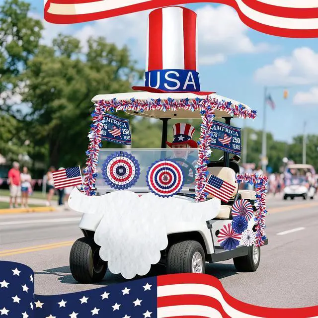 Alt view image 6 of 7 - 4th of July Golf Cart Decoration Kit for Parade Patriotic Car Decorations with Giant Hat, Beard, Tinsel & Flags, Red White Blue Vehicle Decor for Independence Day 250 Years