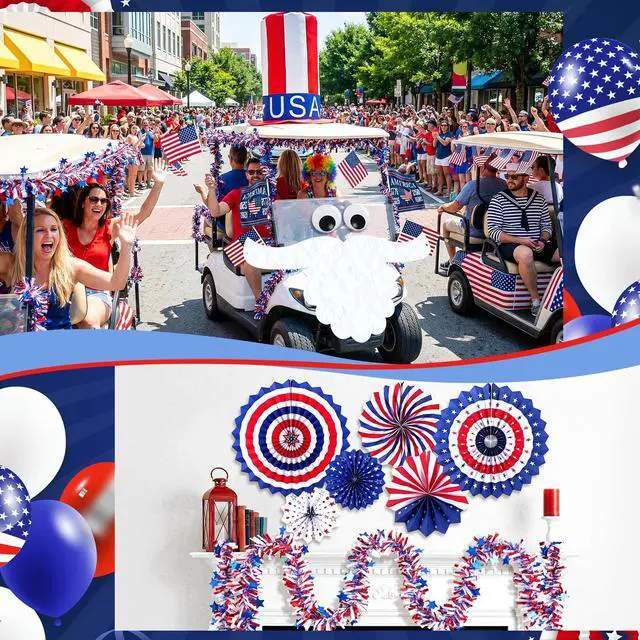 Alt view image 7 of 7 - 4th of July Golf Cart Decoration Kit for Parade Patriotic Car Decorations with Giant Hat, Beard, Tinsel & Flags, Red White Blue Vehicle Decor for Independence Day 250 Years