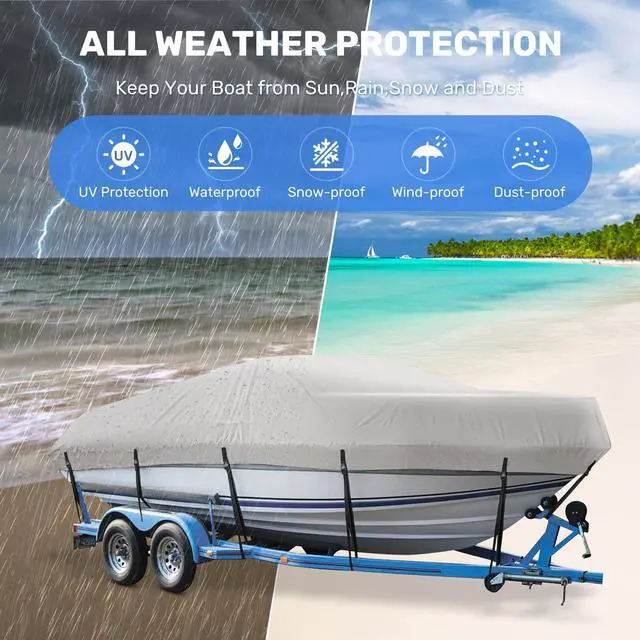Alt view image 6 of 7 - Bass Boat Cover 16-18.5ft, Trailerable Waterproof Boat Covers, Fits V-Hull, Tri-Hull, Runabout Bowrider & Fishing Boats, UV Resistant Outboard Covers Marine Grade 1200D Heavy Duty Canvas, Grey