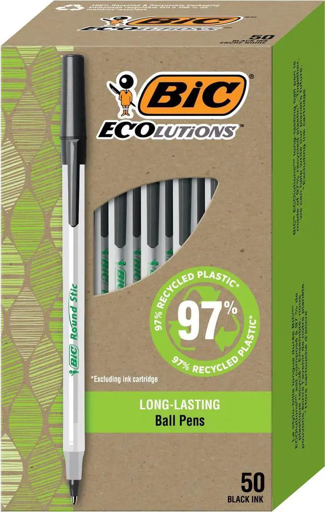 Main image of Round Stic Ballpoint Pens, Medium Point 1.0mm, Black Ink | 97% Recycled Plastic | 50-Count, Pack of 9