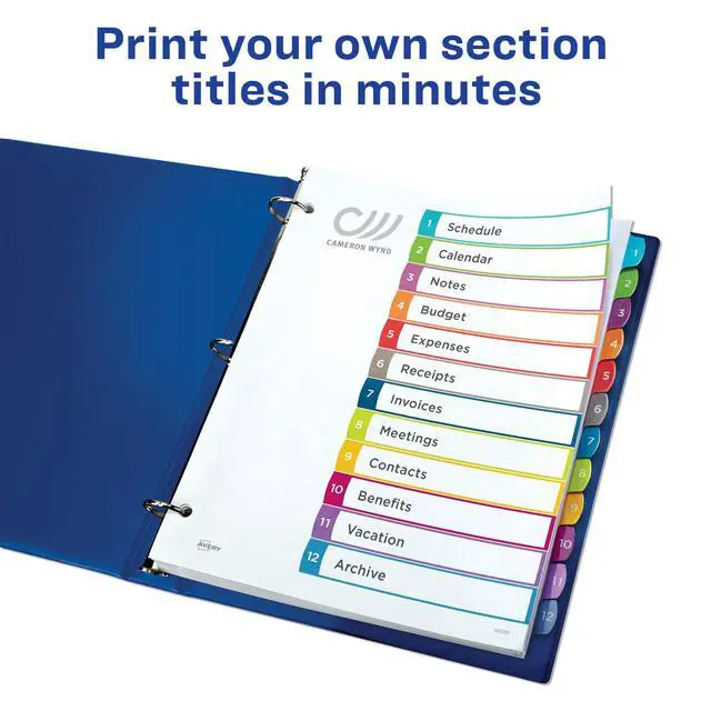 Alt view image 2 of 7 - Dividers for 3 Ring Binders, 12 Tabs per Set, Customizable Table of Contents, Multicolor Arched Tabs, Great for Organizing Reports, Projects, and More (24 Sets of 11843)