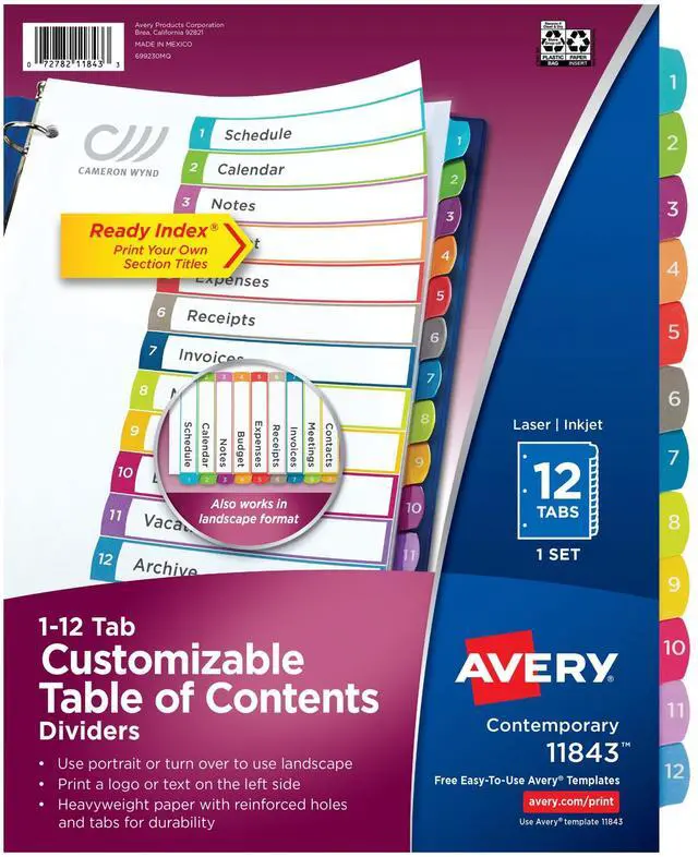 Main image of Dividers for 3 Ring Binders, 12 Tabs per Set, Customizable Table of Contents, Multicolor Arched Tabs, Great for Organizing Reports, Projects, and More (24 Sets of 11843)