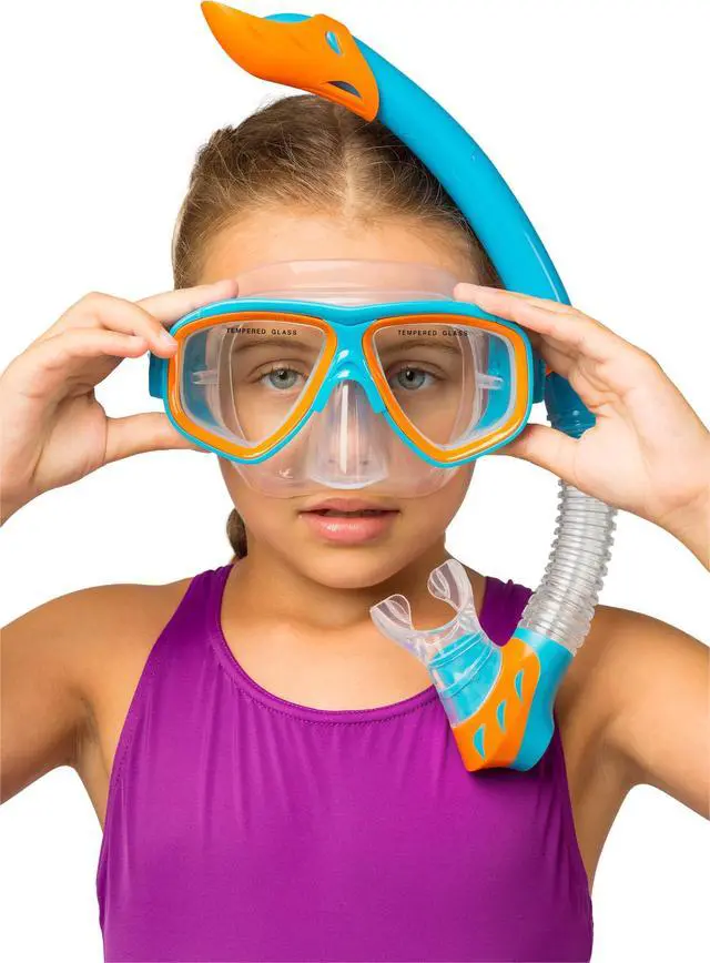 Alt view image 7 of 7 - Junior Snorkel Kit for Kids Ages 3 to 8 - Mask + Dry Snorkel + Adjustable Fins + Net Bag Rocks Kids Set