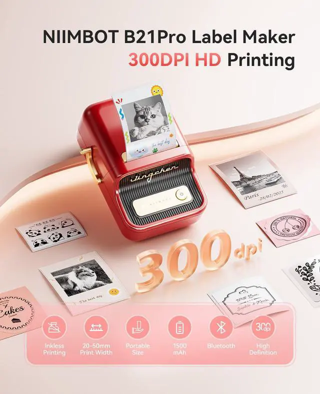 Alt view image 2 of 7 - Label Maker, B21 Pro 300DPI HD Sticker Printer for Photos, Red | Red&Black Dual-Color Printer, Bluetooth Sticker Maker for Notes, Study Graphics, Memo Maker, Come with 2'' x 1.2'' Label Roll