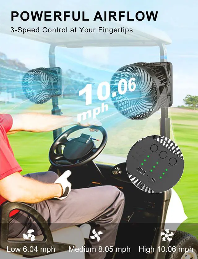 Alt view image 2 of 7 - 2-Pack Magnetic Clip on Fan for Golf Cart, 12000mAH Battery Operated Portable Fan with 3 Speeds, LED Lantern, Magnetic Base, Suitable for EZGO Club Car Yamaha, Golf Cart & Cruise Ship Accessories