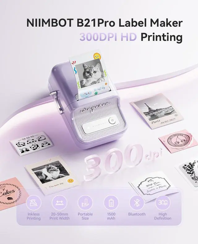 Alt view image 2 of 7 - Label Maker, B21 Pro 300DPI HD Sticker Printer for Photos,Purple | Red&Black Dual-Color Printer, Bluetooth Sticker Maker for Notes, Study Graphics, Memo Maker, Come with 2'' x 1.2'' Label Roll
