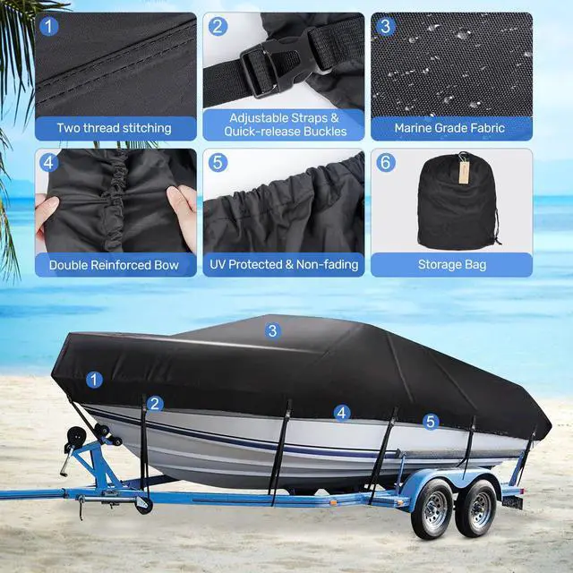 Alt view image 3 of 7 - Trailerable Boat Cover 20-22ft Waterproof Heavy Duty Boat Cover | UV Resistant Marine Grade Canvas Outboard Cover Fits Bass Boat, Bayliner Tri-Hull V-Hull Fishing Runabout Boat, Black