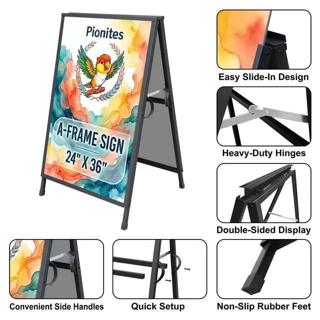 Alt view image 3 of 7 - Heavy Duty Slide-in Folding A Frame Sign Sidewalk Sign 24x 36 Inch Steel Metal Double-Side Pavement sign Corrugated Plastic Poster (2, Black, 24''X36''(Frame Only))