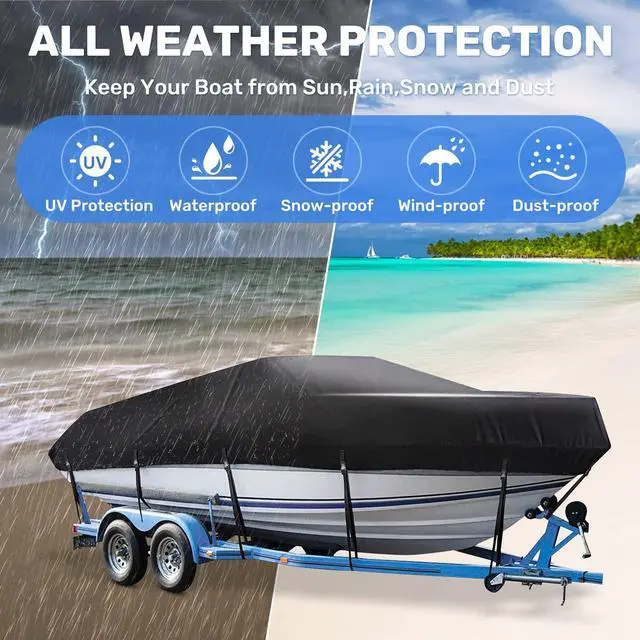 Alt view image 6 of 7 - Trailerable Boat Cover 20-22ft Waterproof Heavy Duty Boat Cover | UV Resistant Marine Grade Canvas Outboard Cover Fits Bass Boat, Bayliner Tri-Hull V-Hull Fishing Runabout Boat, Black