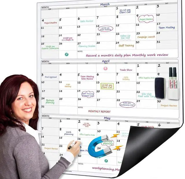 Main image of Extra Large Magnetic Dry Erase 3 Month Calendar for Wall, 46" x 63" Jumbo 90 Day Quarterly Whiteboard Calendar, Dual-Sided Magnetic Undated Planner with Big Blocks for Office & Family