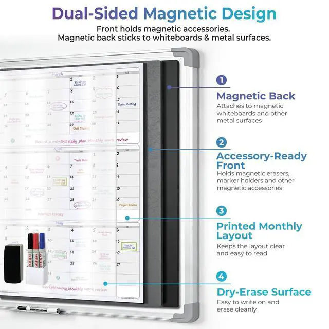 Alt view image 2 of 7 - Extra Large Magnetic Dry Erase 3 Month Calendar for Wall, 46" x 63" Jumbo 90 Day Quarterly Whiteboard Calendar, Dual-Sided Magnetic Undated Planner with Big Blocks for Office & Family