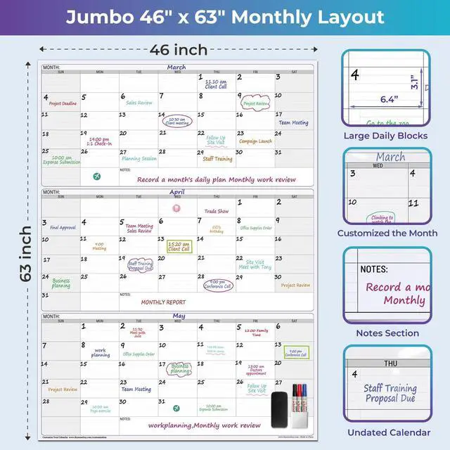 Alt view image 3 of 7 - Extra Large Magnetic Dry Erase 3 Month Calendar for Wall, 46" x 63" Jumbo 90 Day Quarterly Whiteboard Calendar, Dual-Sided Magnetic Undated Planner with Big Blocks for Office & Family