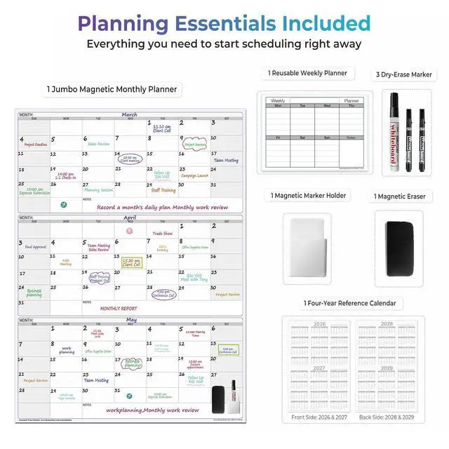 Alt view image 7 of 7 - Extra Large Magnetic Dry Erase 3 Month Calendar for Wall, 46" x 63" Jumbo 90 Day Quarterly Whiteboard Calendar, Dual-Sided Magnetic Undated Planner with Big Blocks for Office & Family