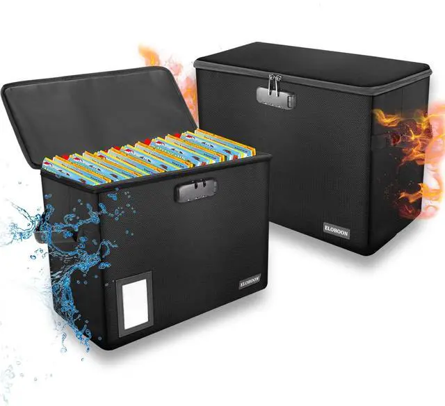 Main image of 2 Pack Comic Book Storage Box, Fireproof & Water-Resistant Comic Book Box with Lock and Label Window, Moistureproof Comic Short Box with Fire Zipper, Comic Book Bin with Non-Slip Bottom, Black