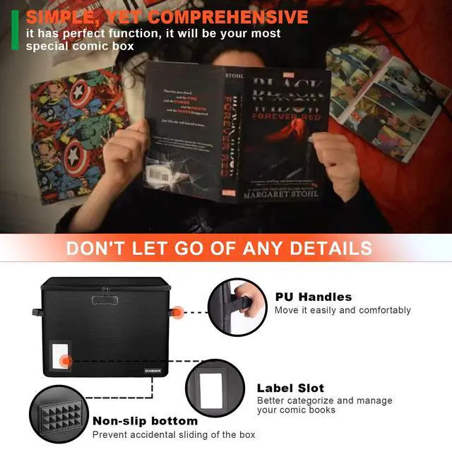Alt view image 4 of 7 - 2 Pack Comic Book Storage Box, Fireproof & Water-Resistant Comic Book Box with Lock and Label Window, Moistureproof Comic Short Box with Fire Zipper, Comic Book Bin with Non-Slip Bottom, Black