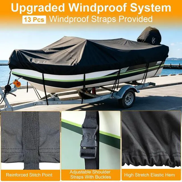 Alt view image 4 of 7 - 1300D Boat Cover - Heavy Duty Waterproof Boat Covers and Motor Cover, Double PU Waterproof, Fits V-Hull, Fish & Ski, Pro-Style, Fishing, Bass Boats (14'-16' Long X 68" Wide)
