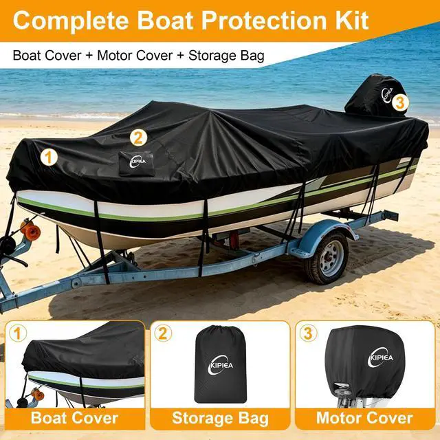 Alt view image 6 of 7 - 1300D Boat Cover - Heavy Duty Waterproof Boat Covers and Motor Cover, Double PU Waterproof, Fits V-Hull, Fish & Ski, Pro-Style, Fishing, Bass Boats (14'-16' Long X 68" Wide)