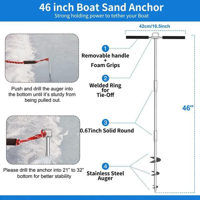Alt view image 2 of 7 - Boat Sand Anchor, 17"/27"/34"/46" 316 Stainless Steel PWC Sand Anchors Ideal for Pontoon, Kayak Jet Ski Keeps Securely Near Sandbar Beach or Shallow Water, Detachable Design with Handbag Packaging