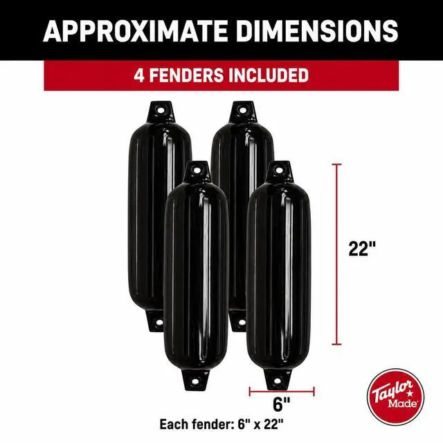 Alt view image 2 of 6 - Taylor Made Boat Fender 4-Pack, 6" x 22", Heavy-Duty Marine-Grade Vinyl Boat Bumpers for Docking, Ribbed Twin-Eye Design, Fits Boats Up to 25 ft, UV-Resistant, No Rope Included