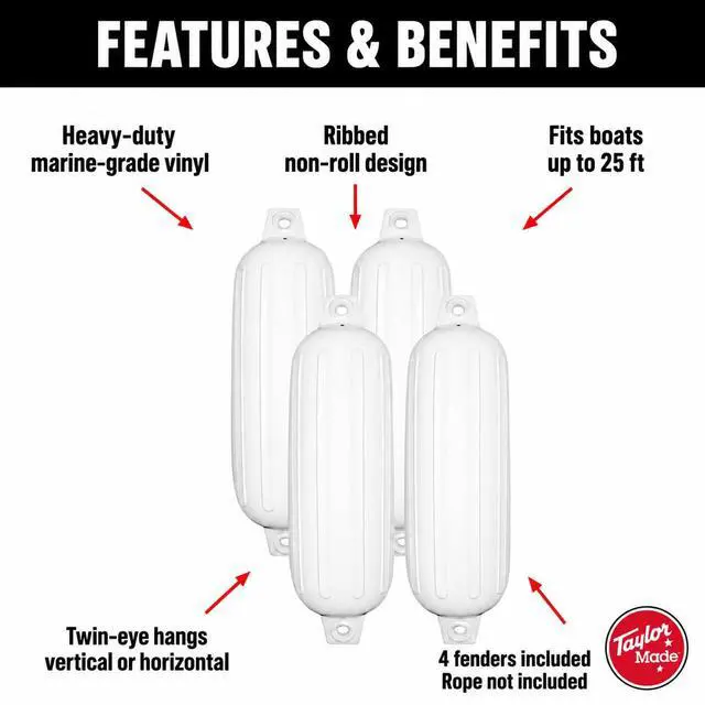 Alt view image 3 of 7 - Taylor Made Boat Fender 4-Pack, 6" x 22", Heavy-Duty Marine-Grade Vinyl Boat Bumpers for Docking, Ribbed Twin-Eye Design, Fits Boats Up to 25 ft, UV-Resistant, No Rope Included