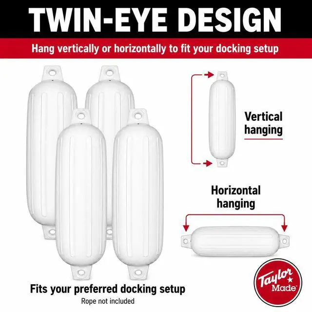 Alt view image 4 of 7 - Taylor Made Boat Fender 4-Pack, 6" x 22", Heavy-Duty Marine-Grade Vinyl Boat Bumpers for Docking, Ribbed Twin-Eye Design, Fits Boats Up to 25 ft, UV-Resistant, No Rope Included