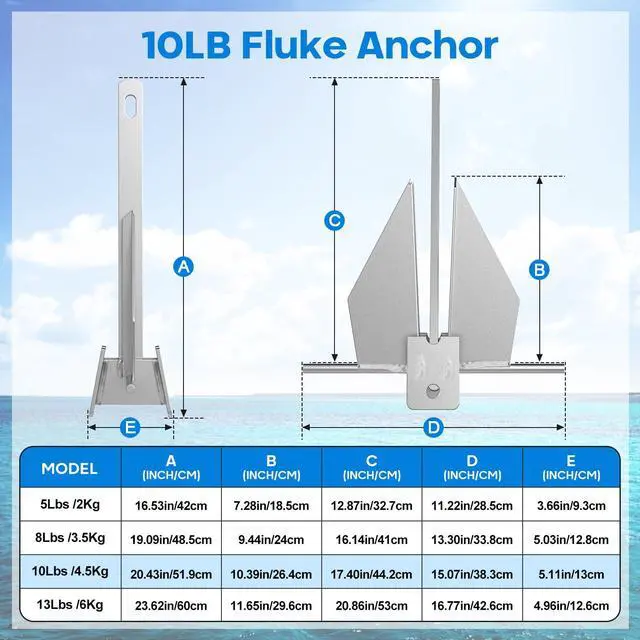 Alt view image 2 of 7 - Galvanized Fluke Anchor Kit Includes Anchor Chain, Rope and Shackles, for Pontoons, Dinghies, Fishing Boats, Bass Boats, Sport Boats, Sport Yachts, 5/8/10/13 lb Boat Anchor Kit