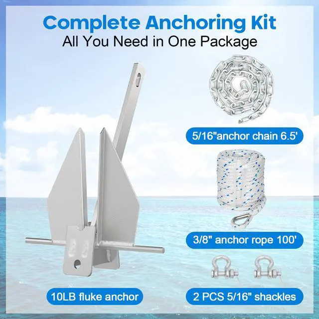 Alt view image 3 of 7 - Galvanized Fluke Anchor Kit Includes Anchor Chain, Rope and Shackles, for Pontoons, Dinghies, Fishing Boats, Bass Boats, Sport Boats, Sport Yachts, 5/8/10/13 lb Boat Anchor Kit