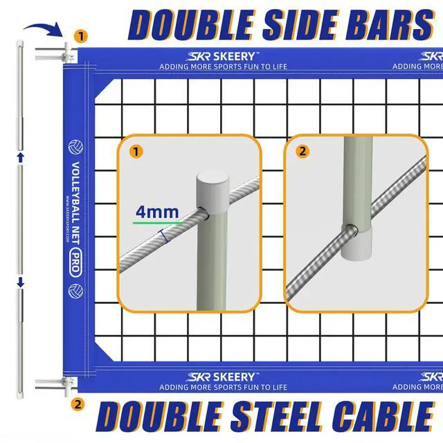 Alt view image 4 of 7 - Professional Volleyball Net,Official Size 32×3.3FT,Equipped with Double Steel Cables with 3.3FT Double Side Bars,Portable Volleyball Net for Backyard,School,Courts(PRO)