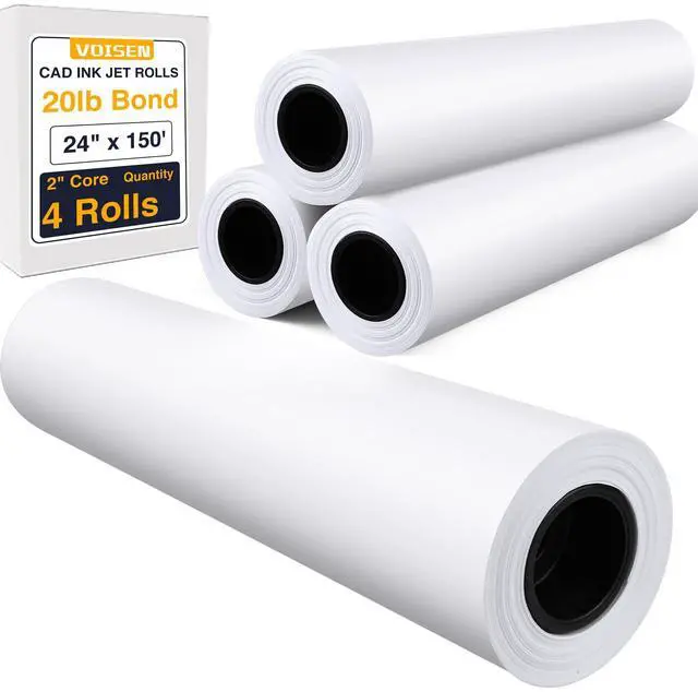 Main image of Wide Format Paper,4 Rolls Plotter Paper 24 In x 150 Ft, CAD Bond Rolls,20lb,Bond Paper on 2" Core for CAD Printing on Wide Format Ink Jet Printers