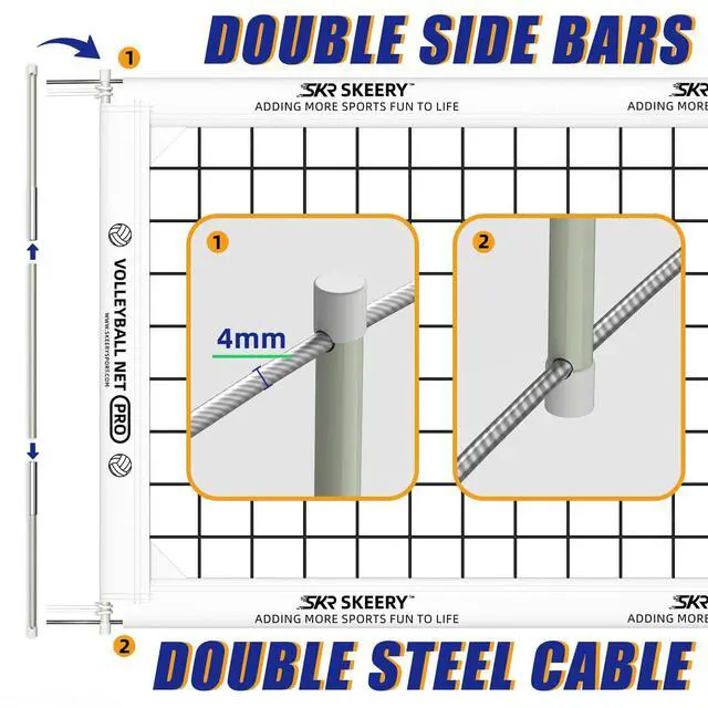Alt view image 4 of 7 - Professional Volleyball Net,Official Size 32×3.3FT,Equipped with Double Steel Cables with 3.3FT Double Side Bars,Portable Volleyball Net for Backyard,School,Courts(PRO)