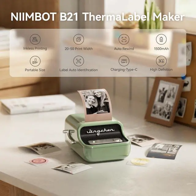 Alt view image 2 of 7 - B21 Pro 300 DPI Bluetooth Label Maker with Tape, Green | Portable Thermal Label Printer, Retro Sticker Printer for DIY Crafts, Notes, Scrapbook, Photo,Gifts,Home Organization