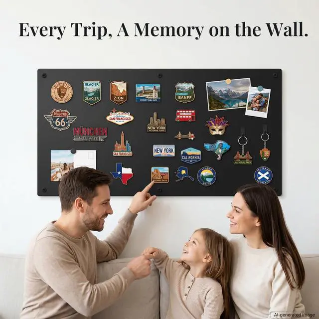 Alt view image 2 of 7 - Large Magnetic Board for Wall: Non-Magnetic Fridge Solution | Matte Black Metal Travel Souvenir Magnet Display Board - 39.4" x 19.7" Screw-Mounted Living Room Decor for Travelers