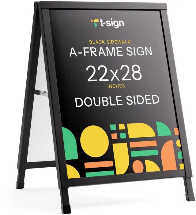 Main image of Outdoor A-Frame Sidewalk Sign 22x28 Inch Sandwich Board, Black Coated Steel Metal Double-Sided, Heavy Duty Slide-in Folding Frame Sign Holder, 2 Corrugated Plastic Poster Boards, Display Stand