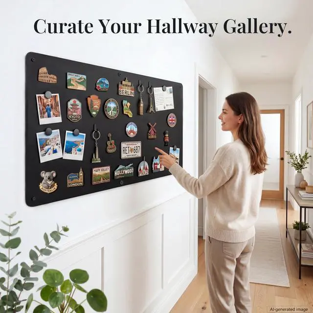 Alt view image 6 of 7 - Large Magnetic Board for Wall: Non-Magnetic Fridge Solution | Matte Black Metal Travel Souvenir Magnet Display Board - 39.4" x 19.7" Screw-Mounted Living Room Decor for Travelers