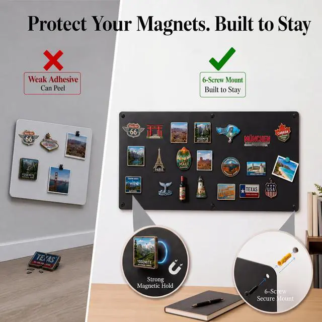 Alt view image 5 of 7 - Large Magnetic Board for Wall: Non-Magnetic Fridge Solution | Matte Black Metal Travel Souvenir Magnet Display Board - 39.4" x 19.7" Screw-Mounted Living Room Decor for Travelers