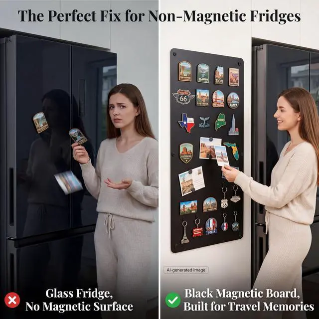 Alt view image 3 of 7 - Large Magnetic Board for Wall: Non-Magnetic Fridge Solution | Matte Black Metal Travel Souvenir Magnet Display Board - 39.4" x 19.7" Screw-Mounted Living Room Decor for Travelers