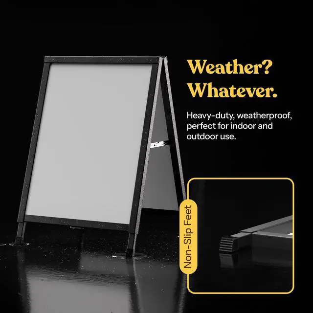 Alt view image 4 of 7 - Outdoor A-Frame Sidewalk Sign 22x28 Inch Sandwich Board, Black Coated Steel Metal Double-Sided, Heavy Duty Slide-in Folding Frame Sign Holder, 2 Corrugated Plastic Poster Boards, Display Stand