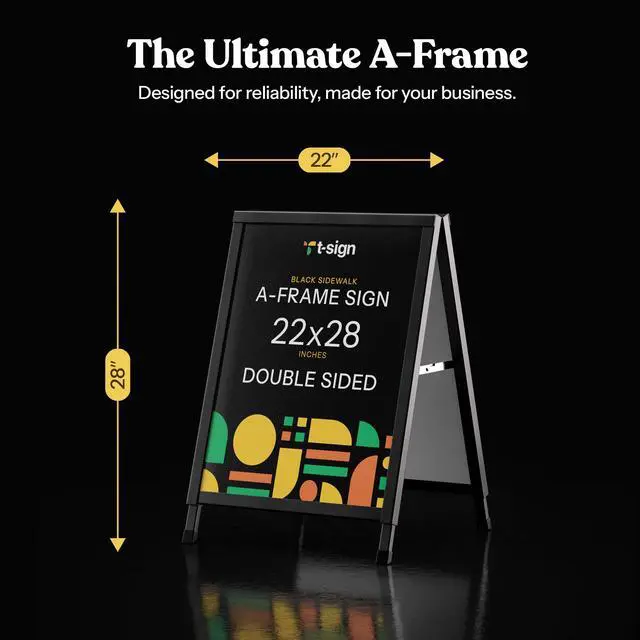 Alt view image 7 of 7 - Outdoor A-Frame Sidewalk Sign 22x28 Inch Sandwich Board, Black Coated Steel Metal Double-Sided, Heavy Duty Slide-in Folding Frame Sign Holder, 2 Corrugated Plastic Poster Boards, Display Stand